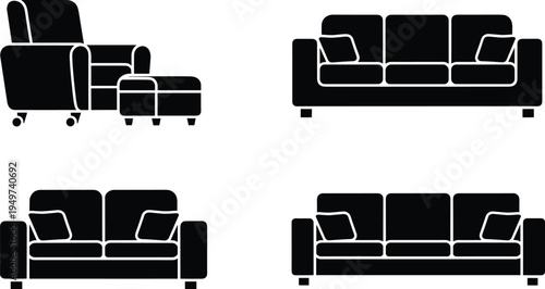 Black silhouette vector illustration set of living room furniture, comfortable armchair with ottoman and sofas, interior design isolated graphic concept