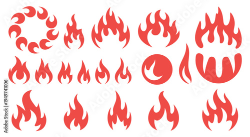 Fiery bursts and flames collection, dynamic red fire elements with blazing motion, perfect for action-themed graphics, game design, and high-energy visual compositions in vector format.