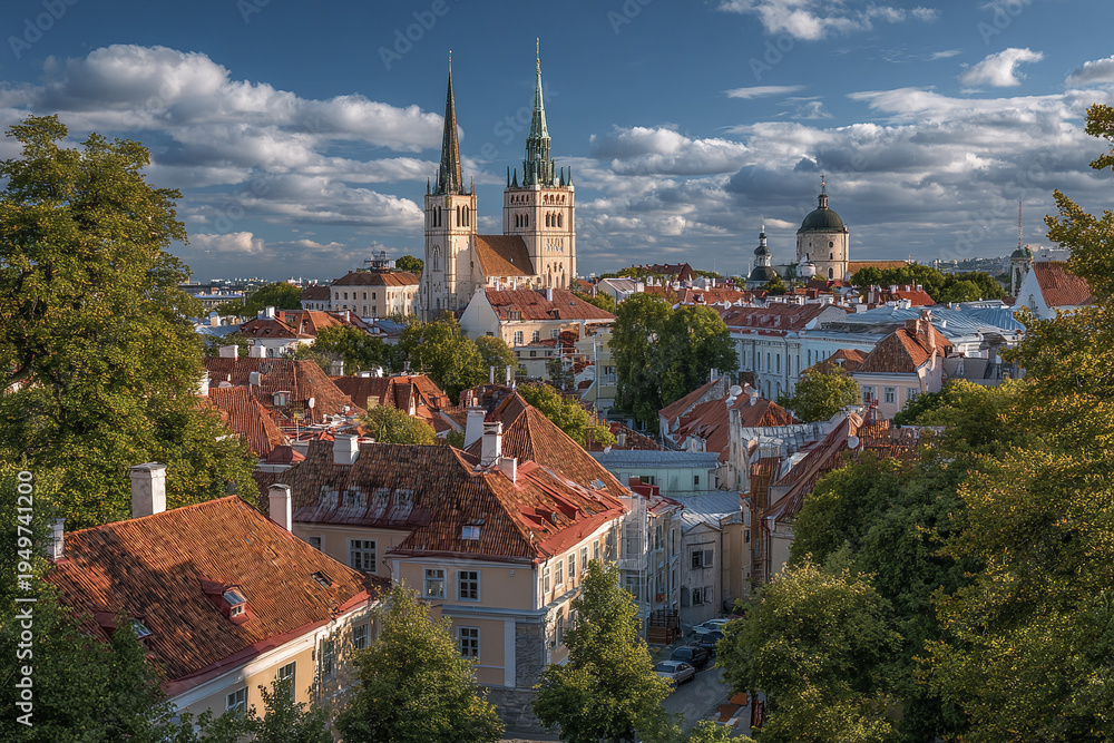 Fototapeta premium Aerial panoramic cityscape of European old town with historic cathedral towers, red tiled roofs, lush green trees, and dramatic cloudy sky creating peaceful and charming atmosphere