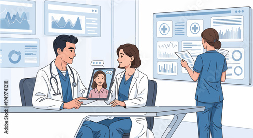 Healthcare professionals utilize advanced digital health technology for virtual patient consultations and medical data analysis in a modern clinic