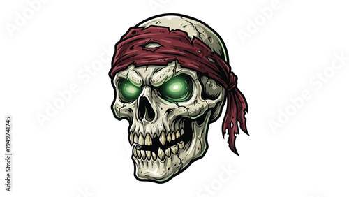 Undead Pirate Skeleton Skull with Red Bandana and Glowing Eyes