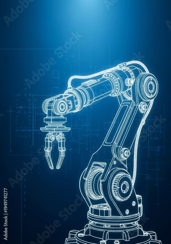 Detailed blueprint schematic of an automated sample sorting robotic arm with white precision lines on a deep blue engineering background, prototype, laboratory equipment, abstract