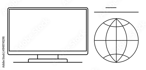 Global connectivity, technology networking, digital communication, worldwide access, online services, remote work. A computer screen next to a globe icon. Global connectivity and technology