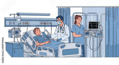 Healthcare professionals attend to a patient in a hospital room with medical equipment