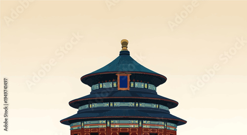 Majestic blue-roofed traditional Asian pagoda against a clear sky, showcasing ancient architectural elegance