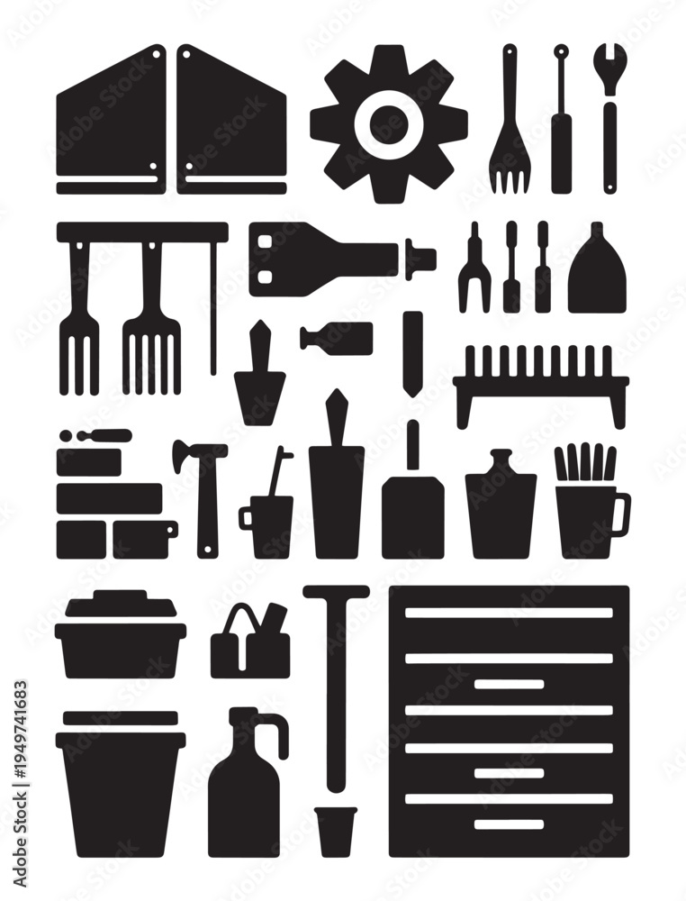 Fototapeta premium Collection of black silhouette icons representing various tools and equipment for DIY and home repair.