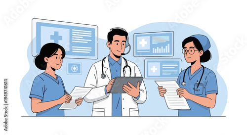 Medical Team Discussing Patient Information on Digital Screens