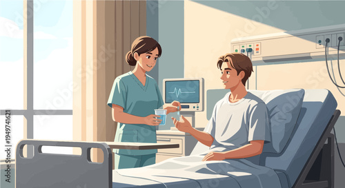 Nurse offering water to a patient in a hospital bed, medical care illustration