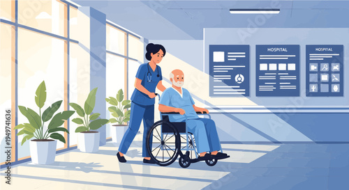 Compassionate nurse providing care, pushing an elderly male patient in a wheelchair through a bright hospital corridor