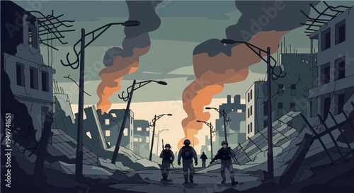 A grim illustration depicting soldiers navigating through the desolate, smoke-filled ruins of a city ravaged by conflict