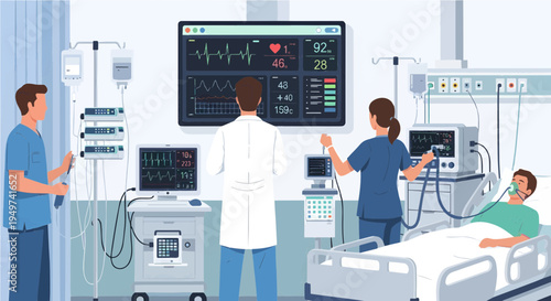 Dedicated medical team providing advanced critical care and continuous monitoring to a patient in a modern intensive care unit setting