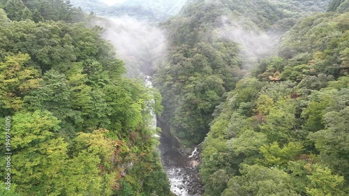Vast Forest Valley & Akiu Waterfall | Foggy - 4K Aerial Video
