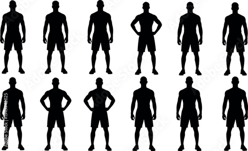 Athletic male body silhouette set featuring muscular standing poses, fitness model collection, sports training concept, strong healthy lifestyle illustration isolated on white background vector