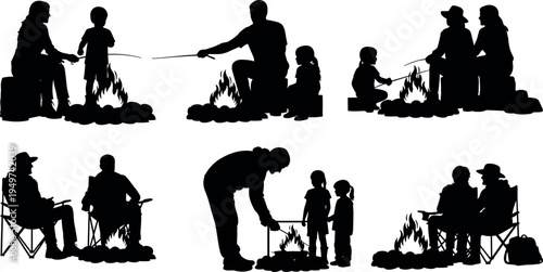Camping family silhouette collection showing people sitting around campfire roasting marshmallows and enjoying outdoor adventure, travel and holiday leisure concept vector illustration isolated 