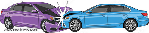Two cars in a head-on collision accident with front damage, blue and purple sedan vehicles crashing isolated on white background.