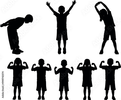 Children fitness activity silhouette collection showing stretching jumping and flexing poses, healthy lifestyle exercise vector illustration set isolated on light background for kids sport