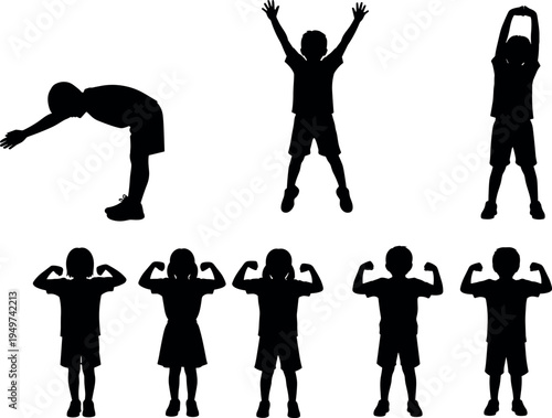 Collection of children exercise silhouettes showing stretching, jumping and muscle flexing poses, active healthy lifestyle concept, black vector illustration set isolated on white background