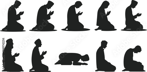 Muslim man praying silhouette vector set