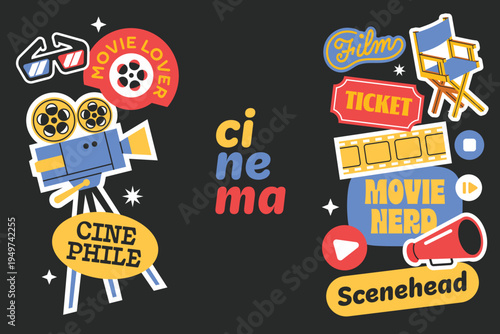 Cinema stickers, patches, badges collection. Movie elements  collection in y2k design style.