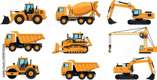 Construction machinery vehicle set illustration featuring excavator, bulldozer, dump truck, crane and concrete mixer, heavy equipment collection for industry, engineering, transport and building 