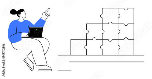 Collaboration concept. Collaboration ed with a woman working on a laptop and puzzle blocks teamwork and problem-solving. Collaboration for business, learning, tasks, and teamwork