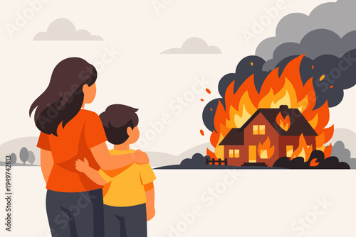 Mother and Child Watching Their House Burn Down in a Devastating Fire Disaster, Flat Vector Illustration of Family Loss, Tragedy, and Homelessness After a House Fire with Smoke and Huge Flames.
