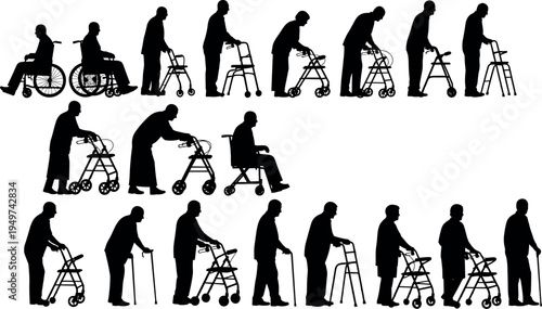 Elderly people walking with walkers, canes and wheelchairs silhouette collection, senior mobility and healthcare support concept vector illustration set isolated on white background