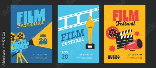 Set of vintage poster film collection. Cinema flyer design for festival or events.