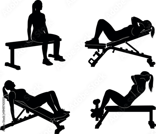 Female workout silhouette set featuring woman exercising on bench with fitness poses, gym training concept, abdominal exercise collection, healthy lifestyle sport illustration isolated background