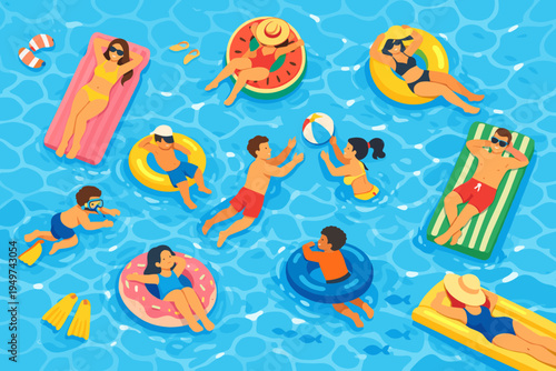 Top View of People Relaxing in Swimming Pool or Sea. Tourists Floating on Inflatable Rings and Air Mattresses, Sunbathing and Playing with Beach Ball. Summer Vacation Vector Illustration Banner.