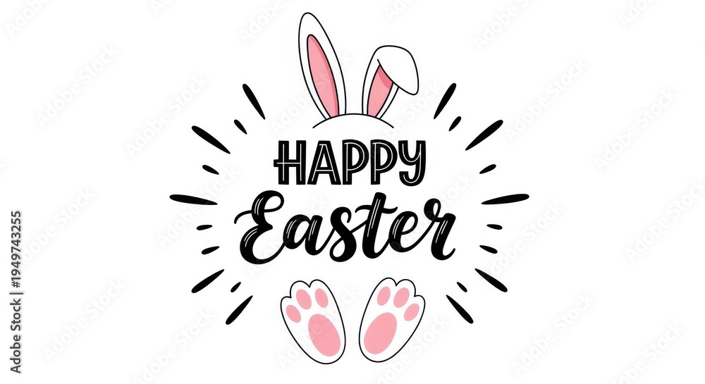 Obraz premium Easter bunny ears and paws with happy easter text on a white background