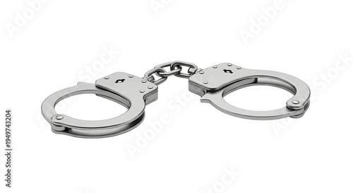 Open handcuffed hands: close-up of metal handcuffs in focus, top view On White