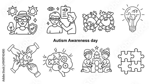 Autism awareness day line art icons with infinity symbol puzzle and bulb