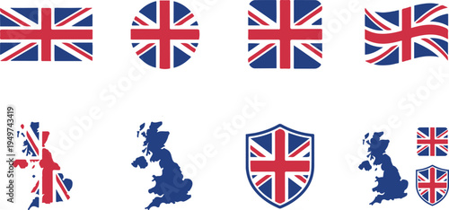 Collection of united kingdom flags and maps on white background