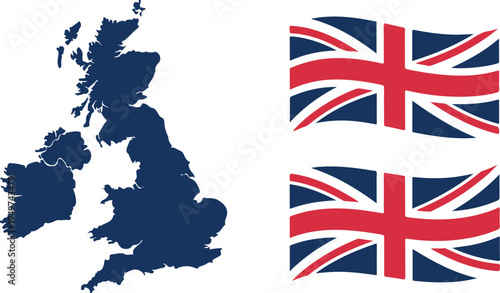 Union jack flag of the united kingdom and map of great britain isolated on white background
