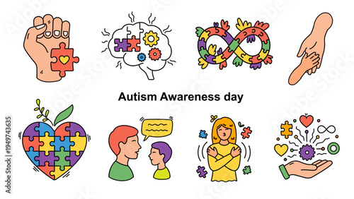 Colorful neurodiversity stickers with brain puzzles hugging girl and support hands