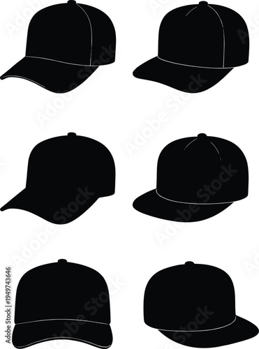 WebBaseball cap silhouette icon collection in different angles, black hat vector set isolated on white background for fashion design, sportswear branding, apparel mockups
