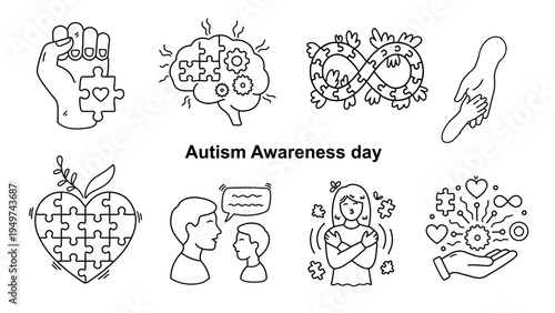 Black and white autism awareness drawings with brain puzzle and hugging girl