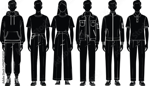 WebBlack silhouette lineup of diverse men and women standing in casual outfits, minimalist vector illustration isolated on white background for fashion design concepts