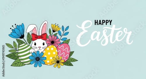 Happy easter bunny with flowers and eggs on light blue background