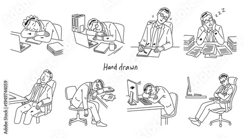 Line art illustration of businessmen sleeping at desks showing exhaustion and fatigue