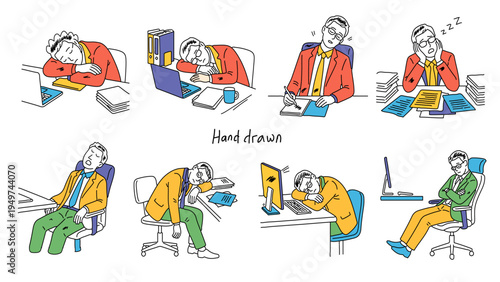 Hand drawn collection of tired male office workers sleeping at their desks