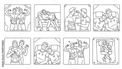 Simple line drawing of same sex male couple sharing romantic daily moments