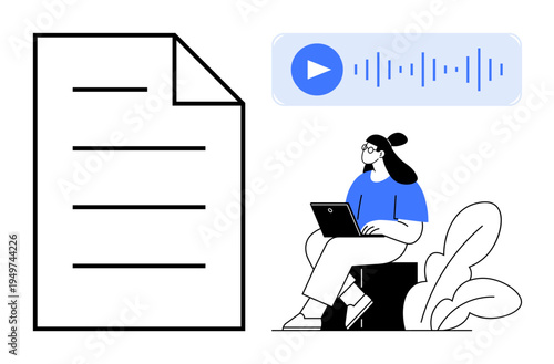 Audio transcription. Visual of a document, audio waveform, and person using a laptop. Audio transcription for content creation, remote work, and online learning. Applications in transcription