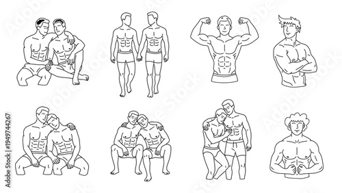 Minimalist line art of fit gay men posing and embracing with love
