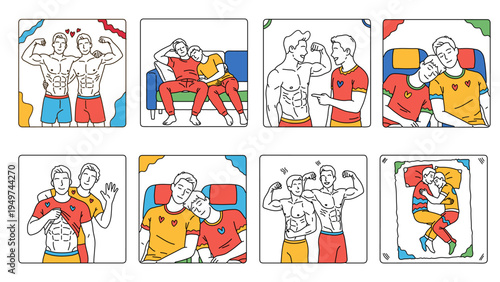 Romantic gay couple in various daily activities showing love and strong bond