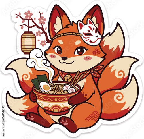 Cartoon Fox Eating Ramen Noodles.