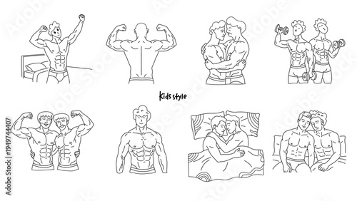 Hand drawn line art of muscular men and romantic gay couple scenes