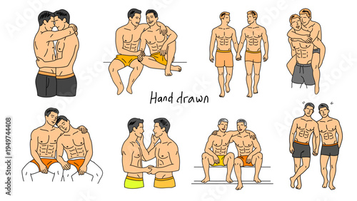 Diverse gay couples embracing and showing affection in various hand drawn styles