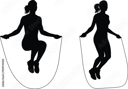 Two black silhouettes of a young woman exercising by jumping rope on a clean white background